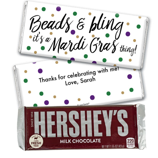 Personalized Mardi Gras Beads & Bling Hershey's Milk Chocolate Bar & Wrapper