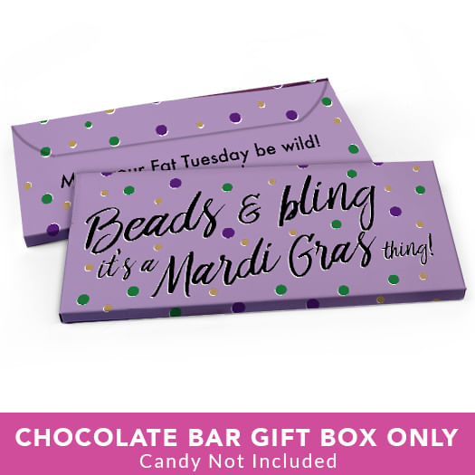 Deluxe Personalized Mardi Gras Beads & Bling Candy Bar Favor Box