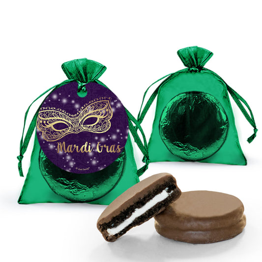 Mardi Gras Golden Elegance Chocolate Covered Oreo Cookies in Organza Bags with Gift tag