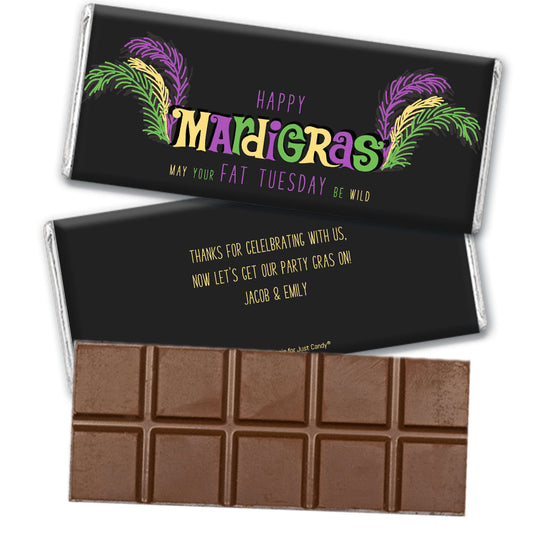 Personalized Mardi Gras Party Gras Belgian Chocolate Bar & Wrapper