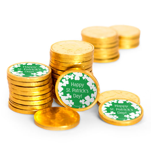 St. Patrick's Day White Clovers Chocolate Coins with Stickers