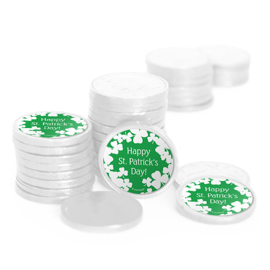 St. Patrick's Day White Clovers Chocolate Coins with Stickers