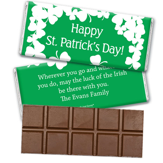 St. Patrick's Day Personalized Belgian Chocolate Bar White Clovers on Green