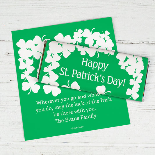 St. Patrick's Day Personalized Chocolate Bar Wrappers White Clovers on Green