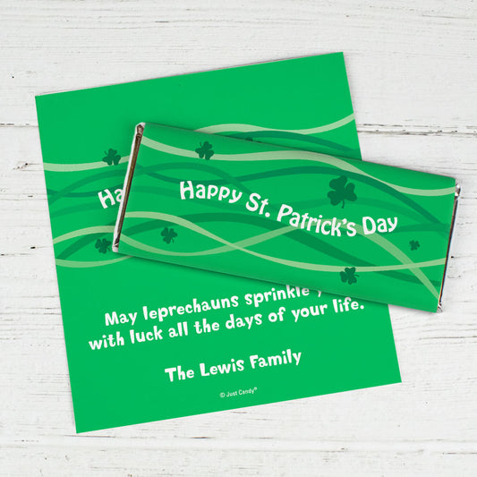 St. Patrick's Day Personalized Chocolate Bar Wrappers Ribbons and Clover