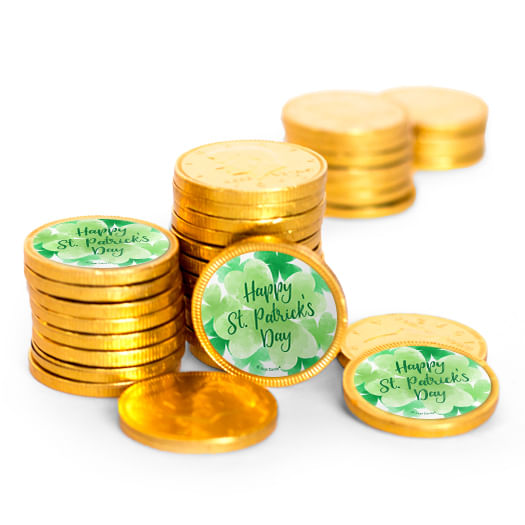 St. Patrick's Day Watercolor Clovers Chocolate Coins with Stickers