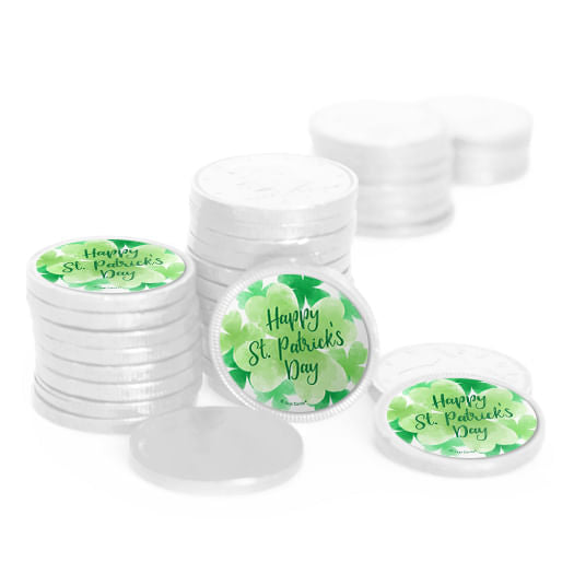 St. Patrick's Day Watercolor Clovers Chocolate Coins with Stickers