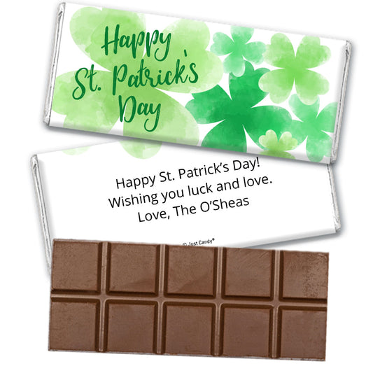 Personalized St. Patrick's Day Watercolor Clovers Belgian Chocolate Bar & Wrapper