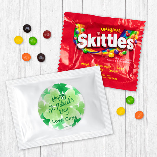 Personalized Happy St Patricks Day Watercolor Clovers Skittles