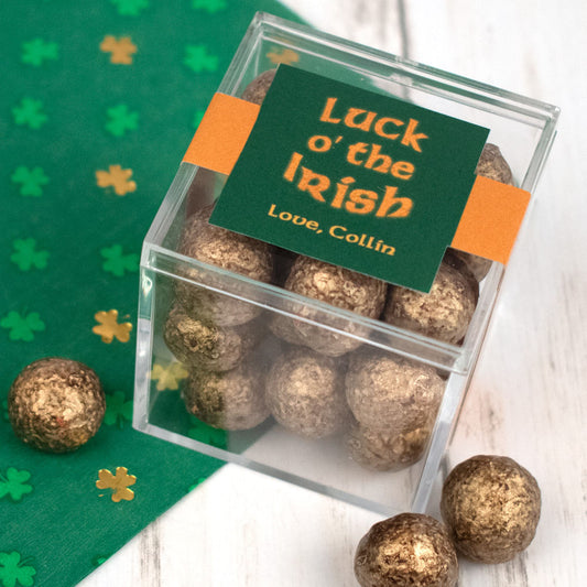 Personalized St. Patrick's Day JUST CANDY� favor cube with Premium Sparkling Prosecco Cordials - Dark Chocolate