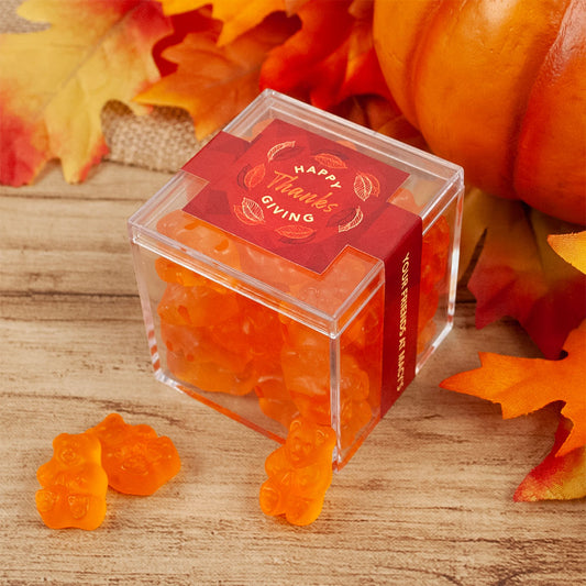 Personalized Thanksgiving JUST CANDY� favor cube with Gummy Bears