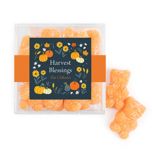 Personalized Thanksgiving Harvest Blessings Favor Cube with Sanded Gummy Bears