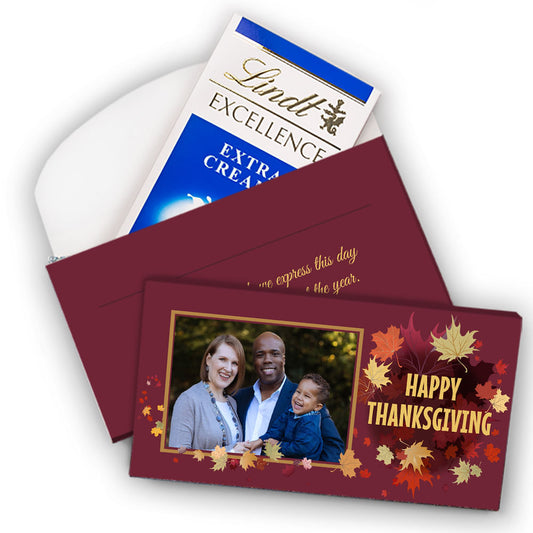 Deluxe Personalized Thanksgiving Leaves with Photo Lindt Chocolate Bar in Gift Box (3.5oz)