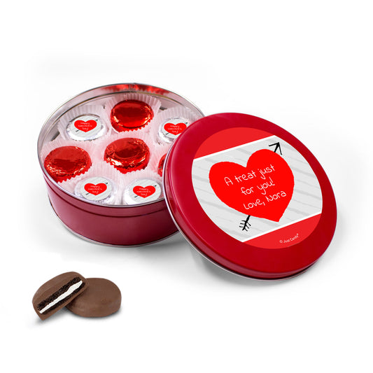 Personalized Valentine's Day Tin with 16 Chocolate Covered Oreo Cookies - Heart and Arrow