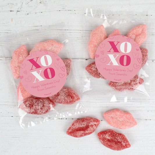 Personalized Valentine's Day Hugs and Kisses Candy Bags with Jelly Belly Sour Smoochi Lips