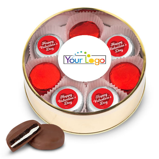 Add Your Logo Valentine's Day Gold Extra Large Plastic Tin - 16 Chocolate Covered Oreo Cookies