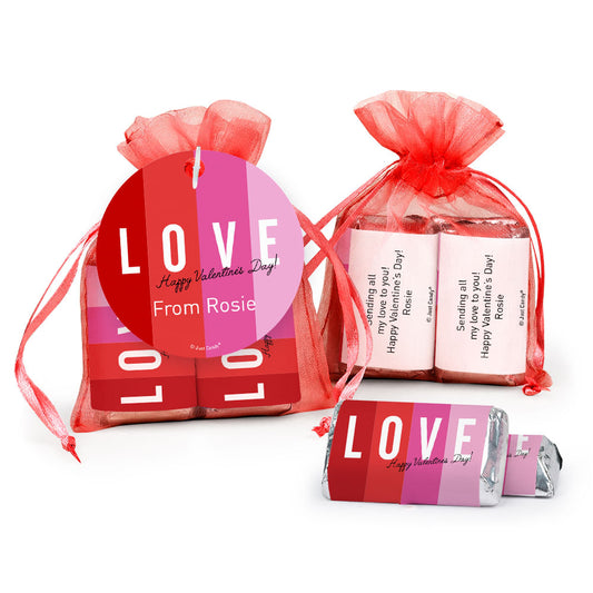 Personalized Valentine's Day Color Block Love Hershey's Miniatures in Organza Bags with Gift Tag