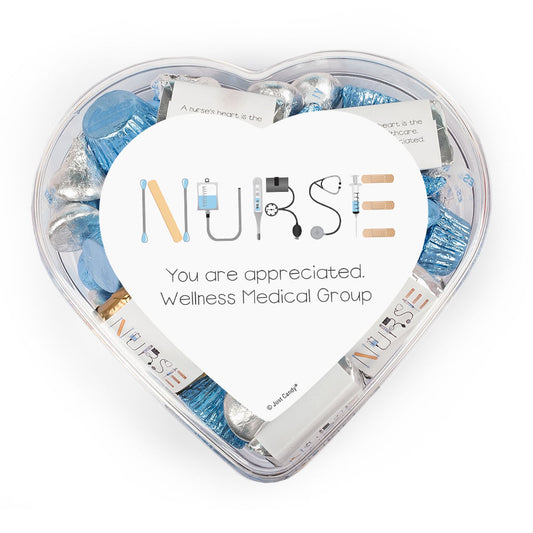 Personalized Nurse Appreciation First Aid Clear Heart Box (3/4 lb) - Hershey Miniatures, Kisses and JC Peanut Butter Cups