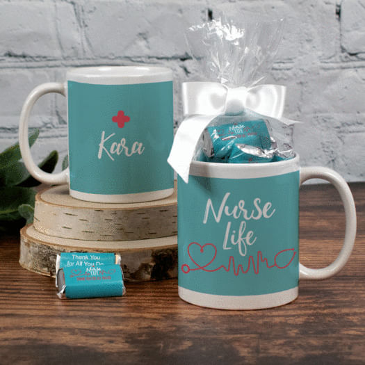 Personalized Nurse Appreciation Nurse Life 11oz Mug with approx. 24 Wrapped Hershey's Miniatures