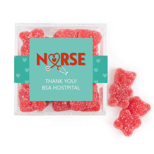 Personalized Nurse Appreciation JUST CANDY� favor cube with Sugar Sanded Gummy Bears