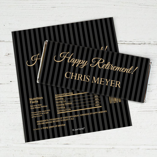 Retirement Personalized Chocolate Bar Wrappers Gold and Pinstripe Formal