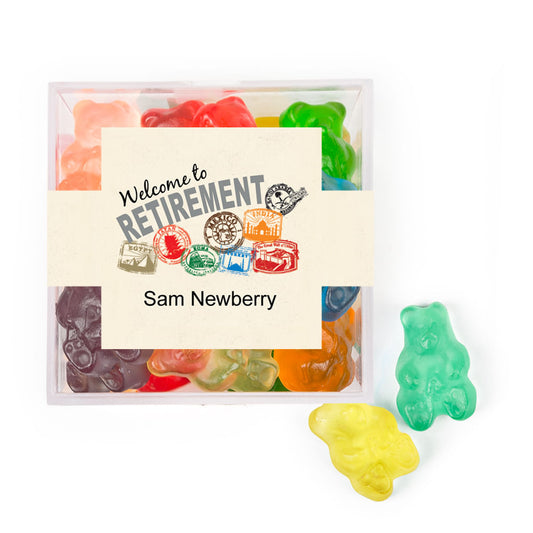 Personalized Retirement Passport JUST CANDY� favor cube with Gummy Bears