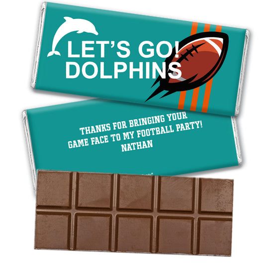 Personalized Dolphins Football Party Belgian Chocolate Bar & Wrapper