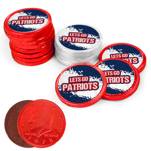 Let's Go Patriots Chocolate Coins with Red & White Foil with Sticker