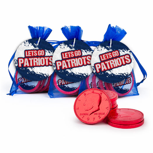 Football Party Themed Let's Go Patriots Chocolate Coins & Stickers in XS Organza Bags with Gift Tag