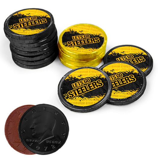 Let's Go Steelers Chocolate Coins with Sunshine Yellow & Black Foil with Sticker