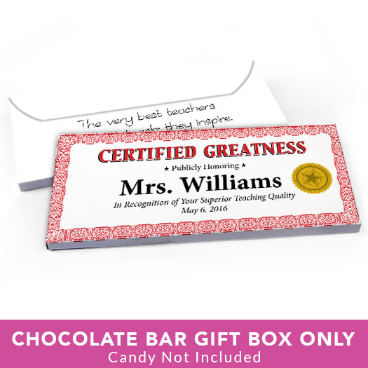 Deluxe Personalized Teacher Appreciation Certified Greatness Candy Bar Favor Box