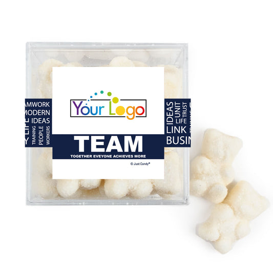 Personalized Add Your Logo Teamwork JUST CANDY� favor cube with Sugar Sanded Gummy Bears