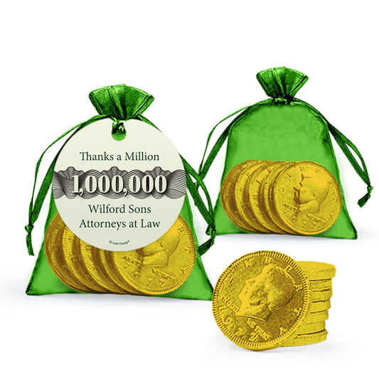 Personalized Thanks A Million Milk Chocolate Coins in Organza Bag with Gift Tag