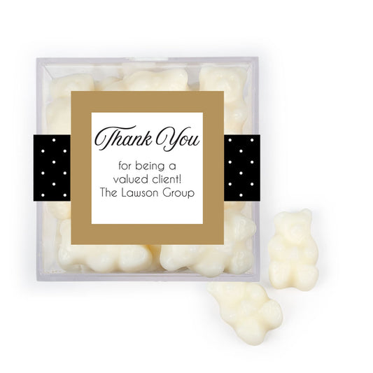 Personalized Dotted Thanks JUST CANDY� favor cube with Gummy Bears