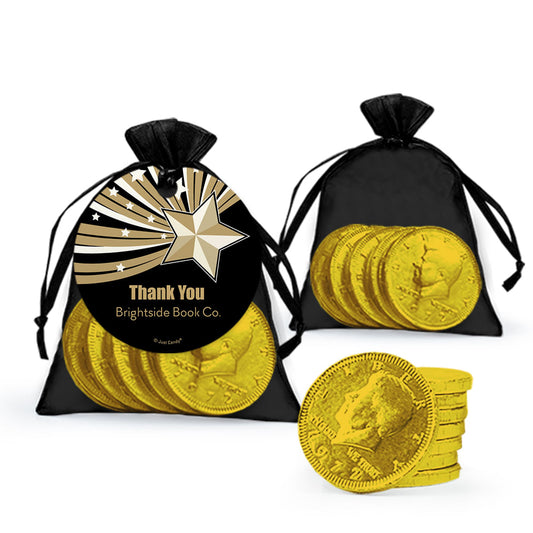 Personalized Thank You Gold Star Chocolate Coins in Organza Bag with Gift Tag