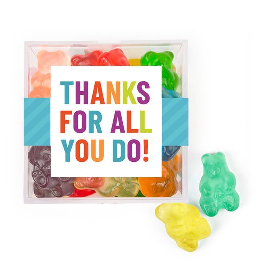 Colorful Thanks JUST CANDY� favor cube with Gummy Bears