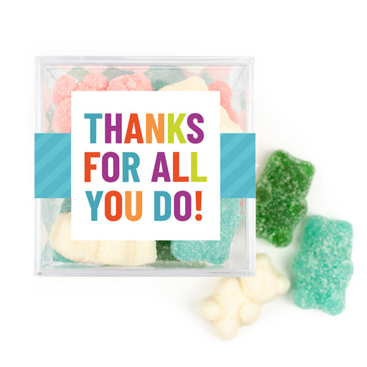 Colorful Thanks JUST CANDY� favor cube with Sugar Sanded Gummy Bears