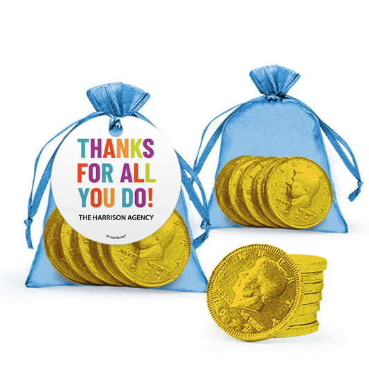 Personalized Colorful Thanks For All You Do Chocolate Coins in Organza Bag with Gift Tag