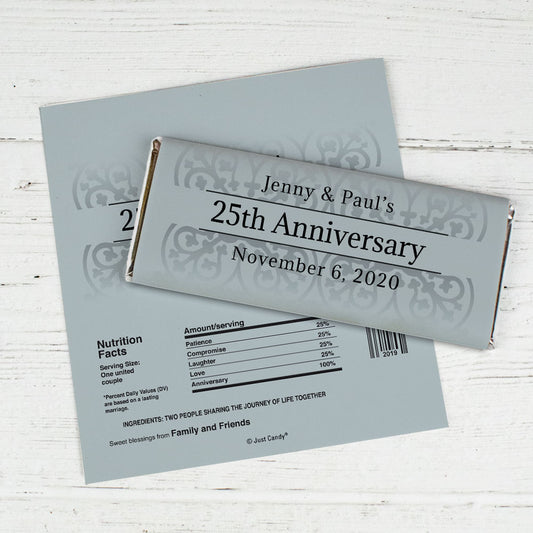 Anniversary Personalized Chocolate Bar Wrappers Silver 25th Fleur de Lis Gilded