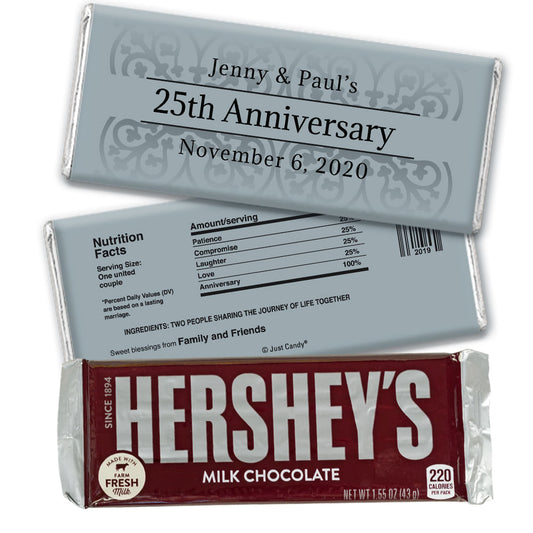 Anniversary Personalized Hershey's Milk Chocolate Bar Silver 25th Fleur de Lis Gilded