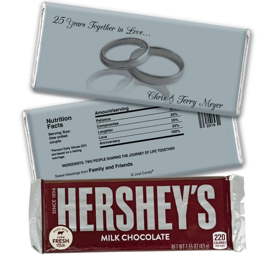 Anniversary Personalized Hershey's Milk Chocolate Bar Gilded Silver Rings 25th