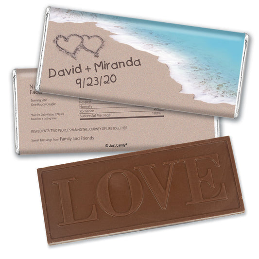 Wedding Favor Personalized Embossed Chocolate Bar Names and Hearts in Sand Sea Shore