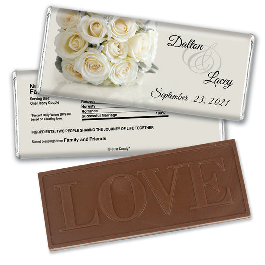 Wedding Favor Personalized Embossed Chocolate Bar White Roses Bouquet