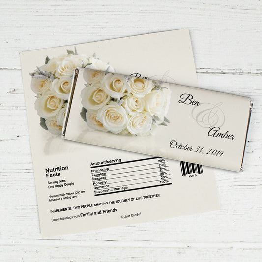 Wedding Favor Personalized Chocolate Bar Wrappers White Roses Bouquet