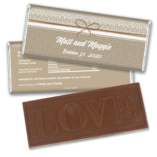 Wedding Favor Personalized Embossed Chocolate Bar Burlap and Lace