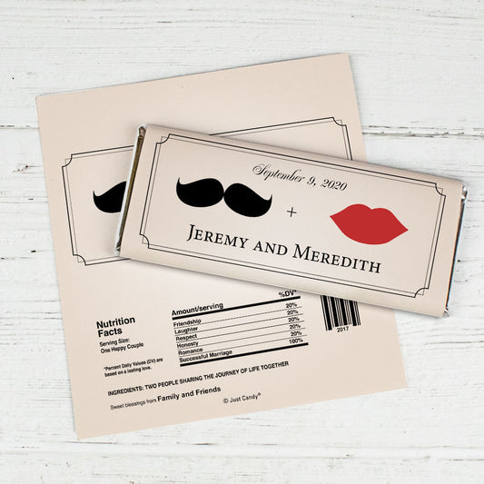 Wedding Favor Personalized Chocolate Bar Wrappers Mustache and Lips