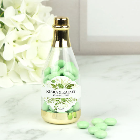 Personalized Wedding Botanical Greenery Champagne Bottle with Just Candy Chocolate Minis