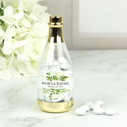 Personalized Wedding Botanical Greenery Champagne Bottle with Just Candy Chocolate Minis