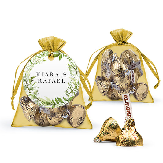 Personalized Wedding Botanical Greenery Hershey's Kisses Organza Bag with Gift Tag