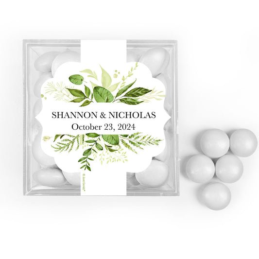 Personalized Wedding Botanical Greenery JUST CANDY® favor cube with Just Candy Milk Chocolate Minis